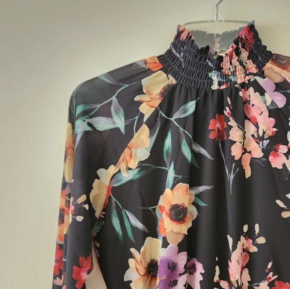 Yumi Kim Class Act Long Sleeve Floral Mock Neck Ruffle Mini Dress Black XS NWT - Picture 10 of 15